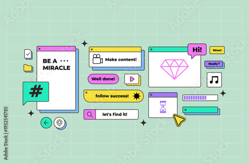 Y2K-inspired interface design with vibrant dialog boxes, icons, and creative messages.