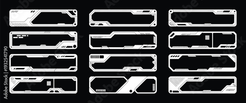 Cyberpunk Decoration Frame Collection Featuring Futuristic Sci Fi UI Borders, High Tech Interface Panels, Neon Digital Elements and Modern Technology Layout Templates for Gaming and Creative Design