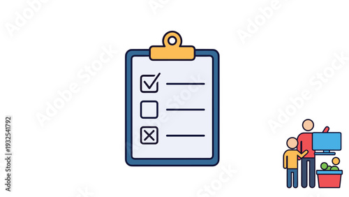 Detailed illustration of a clipboard with a checklist next to a small family watching television in a cozy home environment for lifestyle.