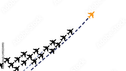 Bright orange airplane leading a group of black airplanes in a diagonal formation representing leadership and standing out from the crowd.
