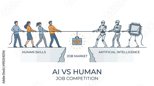 Flat vector illustration of AI vs human tug of war