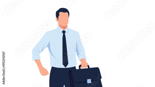 Professional businessman in a white shirt and dark blue tie holding a briefcase while standing confidently against a plain white background.