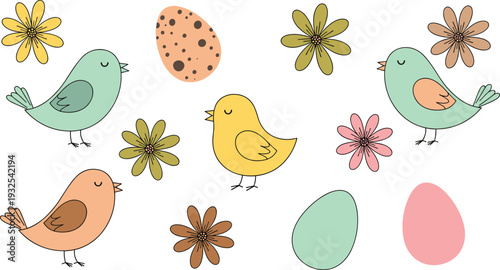 Cute Easter Birds, Flowers and Eggs Cartoon Flat Vector Illustration Set