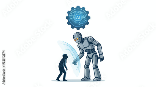 Illustration of AI brain icon above robot overpowering small human figure