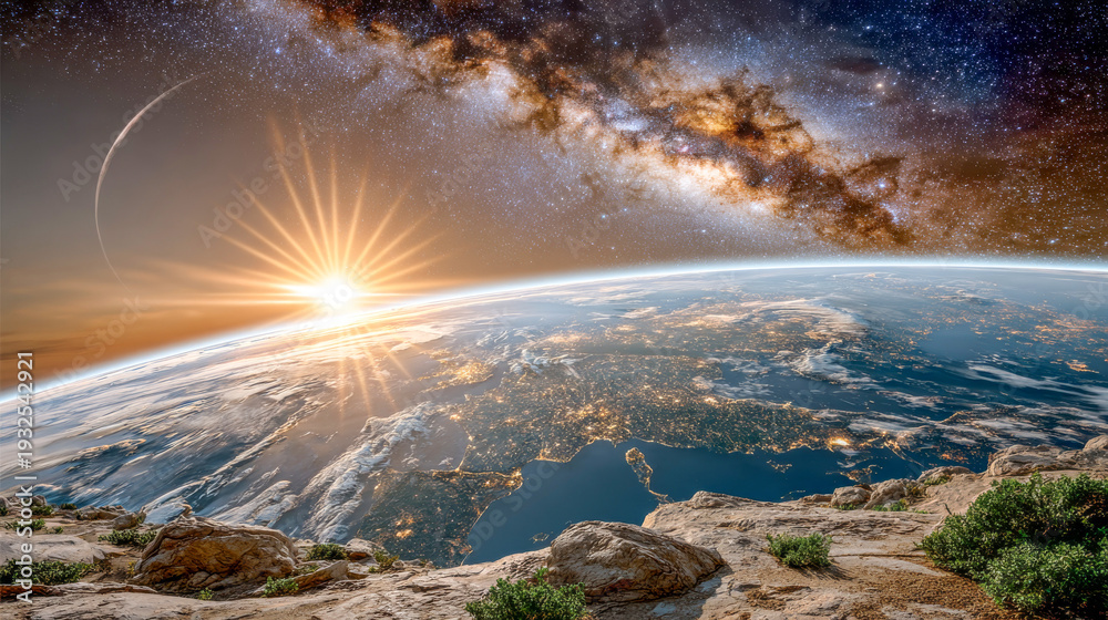Fototapeta premium In a breathtaking moment, the sun rises over the horizon, casting golden rays on Earth while stars shimmer in the vast cosmic expanse, revealing the beauty of our planet from above