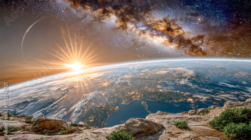 In a breathtaking moment, the sun rises over the horizon, casting golden rays on Earth while stars shimmer in the vast cosmic expanse, revealing the beauty of our planet from above