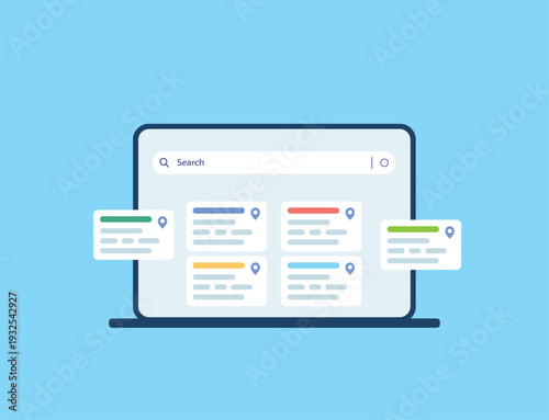Online Search Interface Concept – Website Listing Results and Location Finder Web UI Vector Illustration