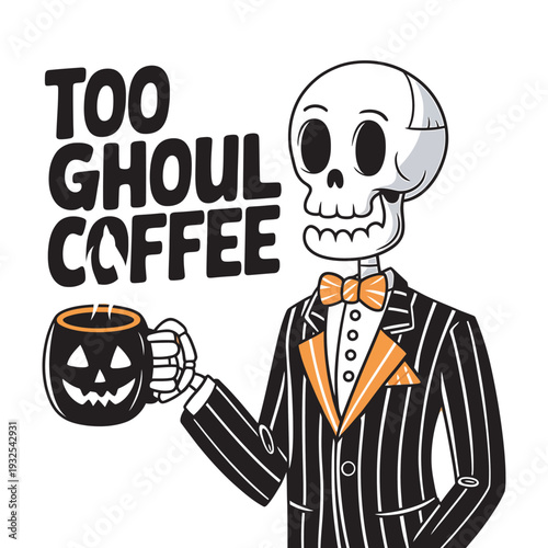 Polite skeleton gentleman in pinstripe suit holding jack o lantern coffee mug for halloween