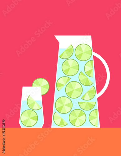 Illustration of the jug and glass with lime lemonade drink
