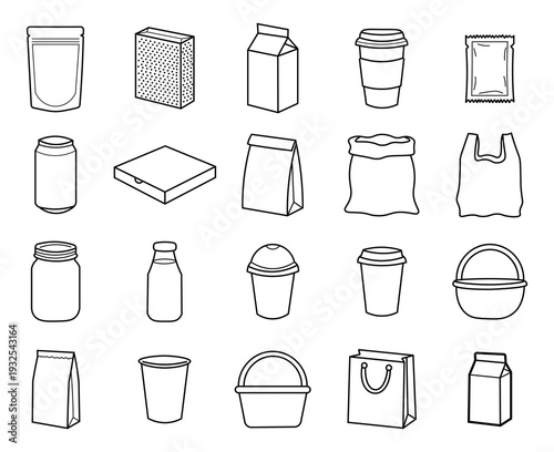 Packaging Line Icons Set – Food Container, Bag, Box and Beverage Package Outline Vector Collection