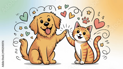Friendly dog and cat high five with hearts and stars symbolizing friendship and affection in a playful cartoon scene