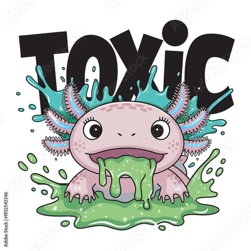 Toxic axolotl cartoon character vomiting green slime liquid acid splash sticker art work