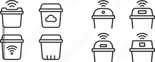 Stylized containers display distinct icons, such as wireless signals, cloud themes, and digital symbols. These designs emphasize modern technology and connectivity concepts.