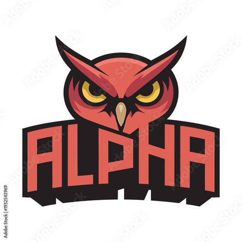 Red owl logo with text alpha, wisdom, power, alert, guardian symbol