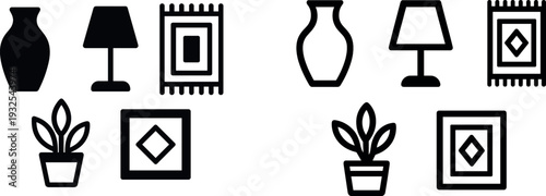 A collection of home decor items features a ceramic vase, a stylish lamp, a patterned rug, a potted plant, and a framed picture. These elements contribute to a cozy interior aesthetic.