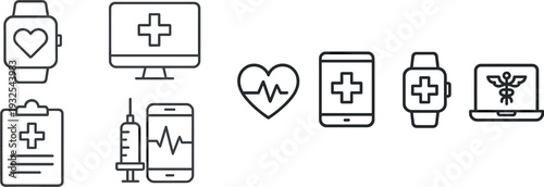 Display showcases essential health technology components such as a smartwatch with heart monitor, a computer, a medical chart, and a mobile phone with a heartbeat graphic, emphasizing digital health.