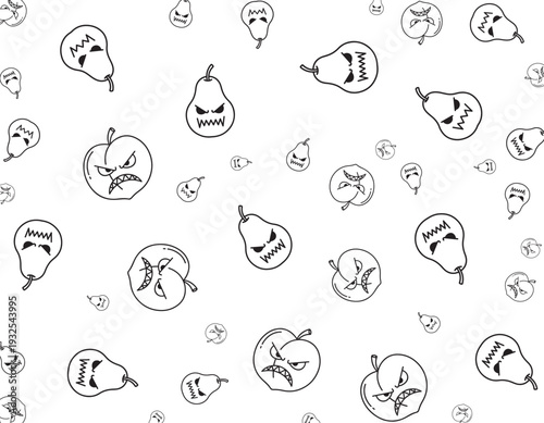 Various cartoon pears and apples with different facial expressions scattered randomly on a plain white background viewed from directly above
