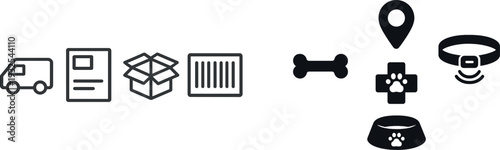 Various icons depict dog tracking technology, highlighting features like health monitoring, location services, and nutrition aids for pet care. Ideal for modern pet owners seeking solutions.