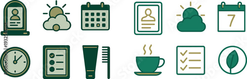 A set of six icons showcases different aspects of daily life, including a clock, calendar, sun with clouds, checklist, skincare tube, and a comb.