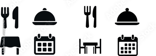 Cutlery sits next to a covered dish, with a simple table underneath and a calendar in the corner. These elements represent dining and event organization in a modern design.