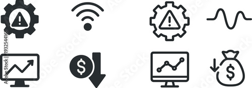Four icons represent tech and finance: a gear with an alert for issues, a WiFi symbol for connectivity, a rising graph for analysis, and a downward arrow with a dollar sign for decline.