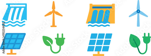 Four colorful icons depict various renewable energy sources, including hydro power, wind turbines, solar panels, and electric power connections, emphasizing sustainable energy solutions.
