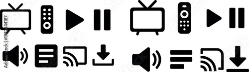Various black icons are displayed, depicting symbols for a television, remote control, play and pause buttons, volume control, a list icon, and a download symbol.