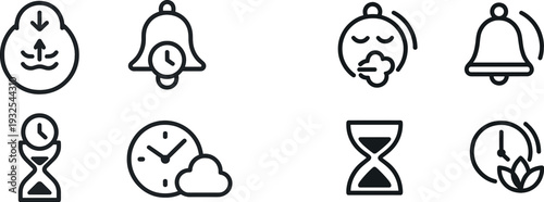 Collection of four simple icons representing the concept of time, including an hourglass, clock, alarm bell, and meditative figure. Ideal for discussions on time management.