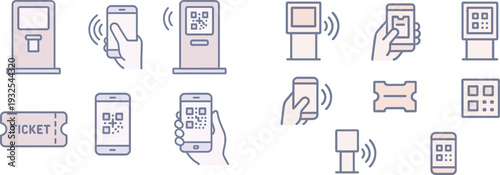 Multiple illustrations depict the process of purchasing tickets using a mobile device, including scanning QR codes and electronic ticket validation at entry points.