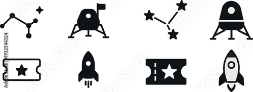 Stylized illustrations show a constellation, a lunar lander with a flag, a ticket featuring a star, and a rocket launching, representing themes of space exploration and adventure.