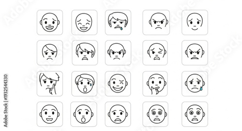 Collection of hand-drawn faces expressing various emotions in a grid pattern.