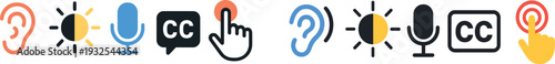Icons showcase various accessibility tools including hearing aids, sunlight for clear visuals, microphone for audio, closed captions for dialogue, and interactive prompts for user engagement.