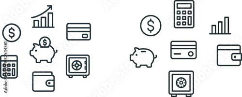 Various icons depict financial tools such as calculators, piggy banks, bar graphs, and wallets, showcasing effective money management strategies for budgeting and saving.