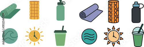 Various icons depict items related to fitness and wellness, including a yoga mat, water bottle, smoothie, and sun, promoting an active lifestyle and healthy choices.