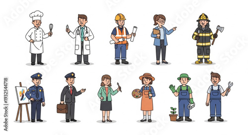 Diverse group of professionals showcasing various occupations and careers in a colorful illustration.