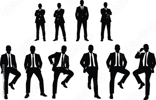 Silhouettes of people in suits, professional figures in formal attire with dynamic poses, corporate vector illustration showing individuality and business style