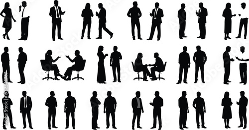 Silhouettes of people interacting in professional settings, vector illustration showing standing, walking, sitting, gesturing, and handshake communication poses