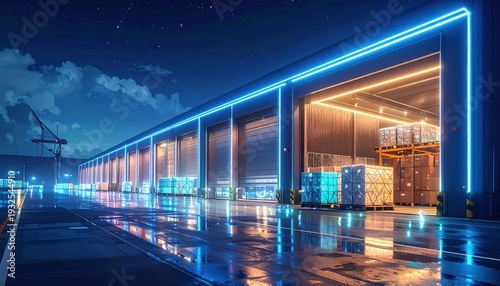 Futuristic Warehouse at Night - Illuminated Logistics and Distribution.