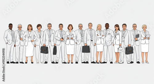 Group of medical professionals standing together in a line, ready to work.