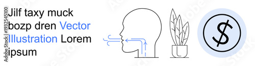 Health education, environmental sustainability, finance, human physiology, indoor plants, monetary systems. Human profile breathing, potted plant dollar symbol. Health education and environmental