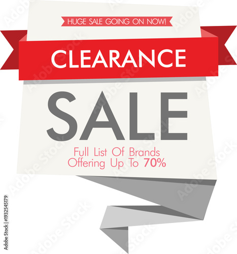 Clearance sale sign with red banner and discount offers