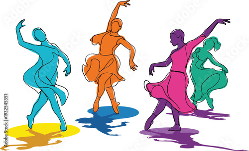 Colorful abstract dancer silhouettes vector illustration set showing modern and contemporary dance movement, rhythm, and artistic performance for posters and creative designs