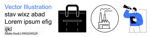 Business strategy, industrial growth, career planning, entrepreneurship, exploration, market research. Black briefcase, factory emitting smoke person with telescope. Business strategy and industrial