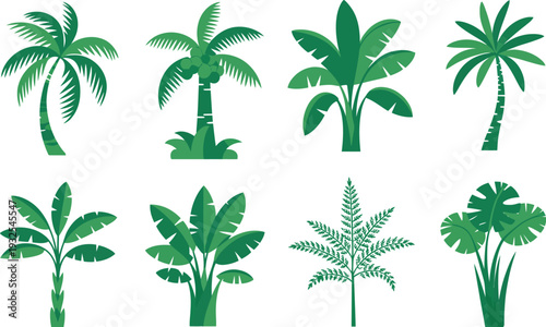 Collection of stylized green tropical plants and palm trees, isolated on white background, flat design vector illustration.