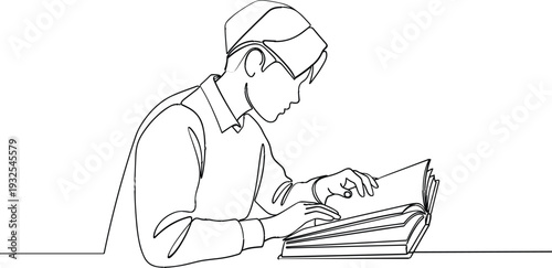 Man reading book line art vector illustration showing focused study, learning, education, and knowledge concept for academic, library, and educational designs