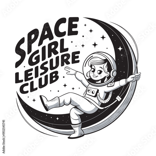 Space girl leisure emblem with female astronaut resting on crescent moon graphic