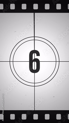 Vertical film leader, realistic vintage old movie countdown intro animation from 10 to 0. 4k video