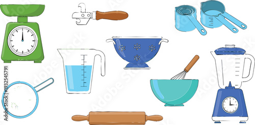Kitchen baking and cooking tools cartoon vector set with measuring cups, scale, whisk, rolling pin, bowl, and utensils for recipes and food preparation designs