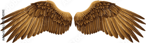 Realistic golden angel wings vector illustration with detailed feathers, symmetrical spread design for fantasy, spirituality, mythology, tattoo, logo, and creative artwork projects