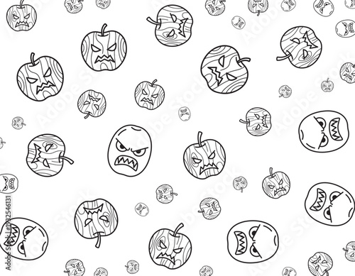 Angry faces of Halloween pumpkins scattered on a white background in various sizes and emotive expressions